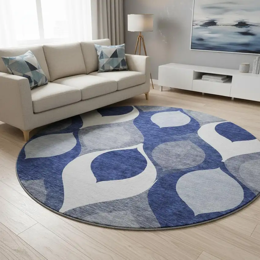 8' Navy Blue Ivory And Gray Ogee Washable Round Rug With UV Protection Photo 2