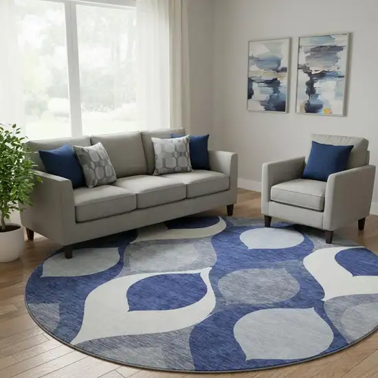 8' Navy Blue Ivory And Gray Ogee Washable Round Rug With UV Protection Photo 1