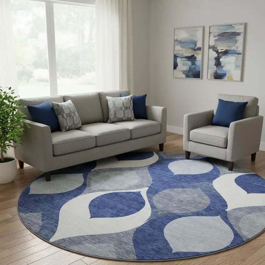 8' Navy Blue Ivory And Gray Ogee Washable Round Rug With UV Protection Photo 1