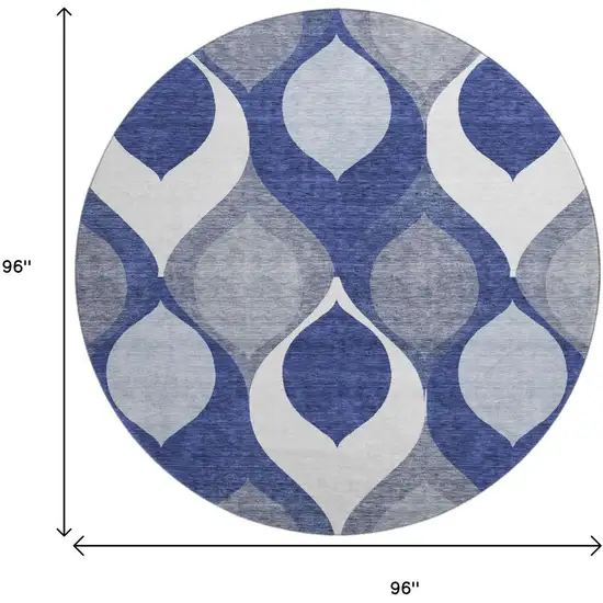 8' Navy Blue Ivory And Gray Ogee Washable Round Rug With UV Protection Photo 3