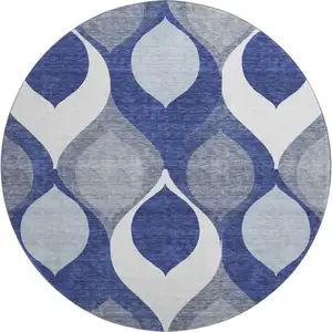 Photo of 8' Navy Blue Ivory And Gray Ogee Washable Round Rug With UV Protection