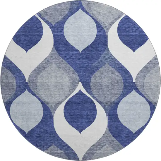 8' Navy Blue Ivory And Gray Ogee Washable Round Rug With UV Protection Photo 1