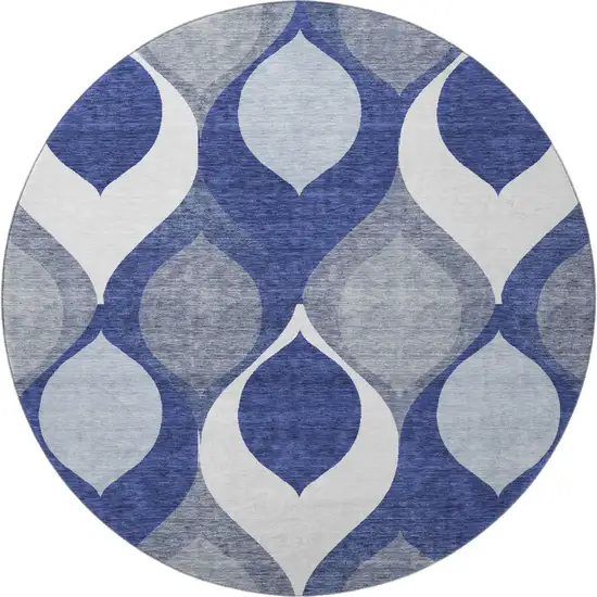 8' Navy Blue Ivory And Gray Ogee Washable Round Rug With UV Protection Photo 4