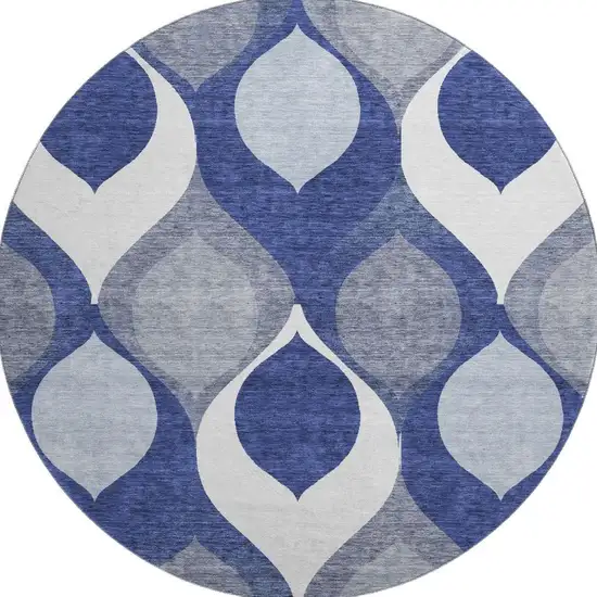 8' Navy Blue Ivory And Gray Ogee Washable Round Rug With UV Protection Photo 3
