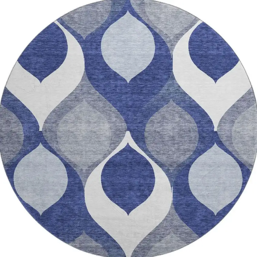 8' Navy Blue Ivory And Gray Ogee Washable Round Rug With UV Protection Photo 3