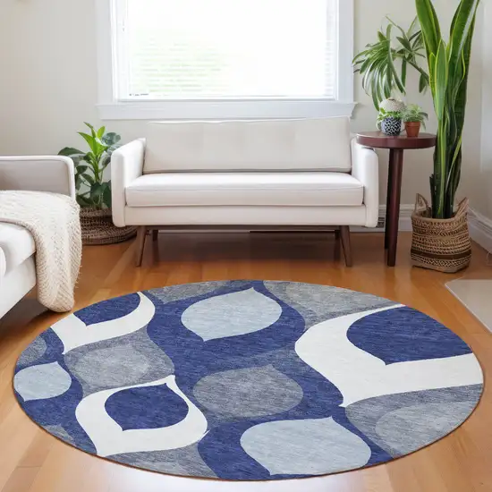 8' Navy Blue Ivory And Gray Ogee Washable Round Rug With UV Protection Photo 5