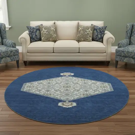 8' Navy Blue Ivory And Gray Oriental Washable Round Rug With UV Protection Photo 2