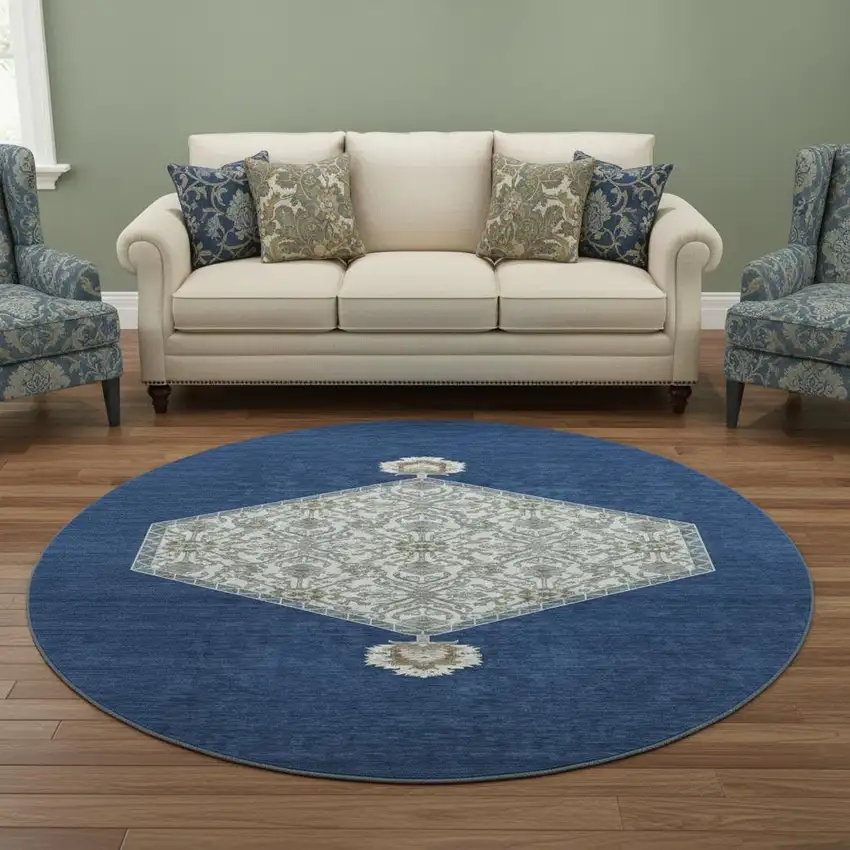 8' Navy Blue Ivory And Gray Oriental Washable Round Rug With UV Protection Photo 2