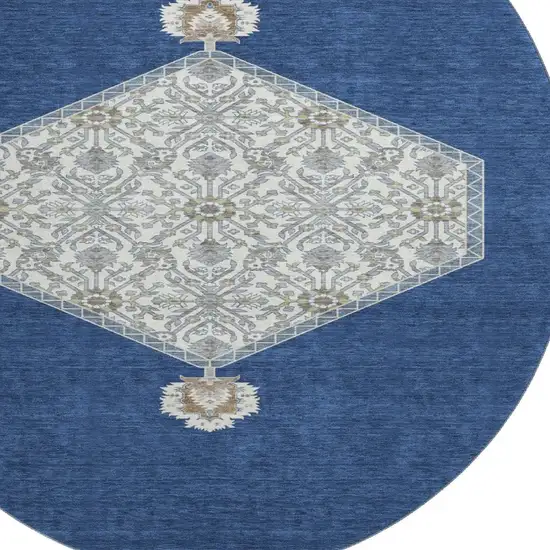 8' Navy Blue Ivory And Gray Oriental Washable Round Rug With UV Protection Photo 2