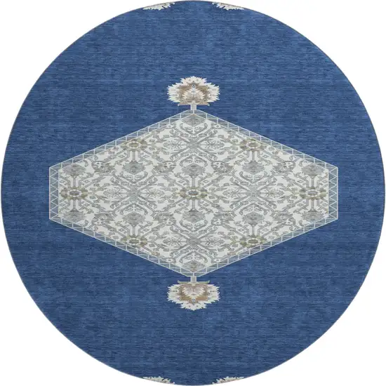 8' Navy Blue Ivory And Gray Oriental Washable Round Rug With UV Protection Photo 1