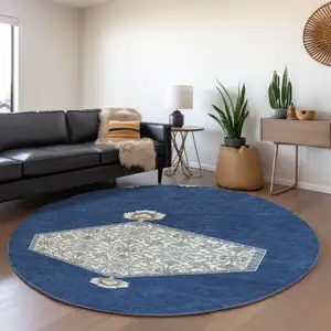 Photo of 8' Navy Blue Ivory And Gray Oriental Washable Round Rug With UV Protection