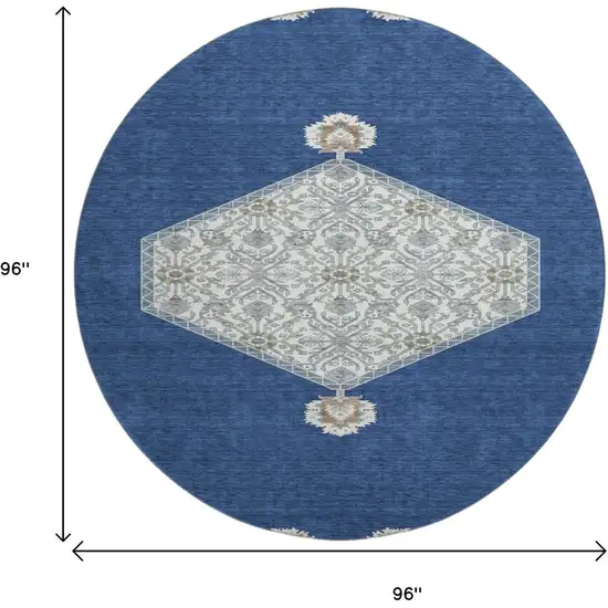 8' Navy Blue Ivory And Gray Oriental Washable Round Rug With UV Protection Photo 9