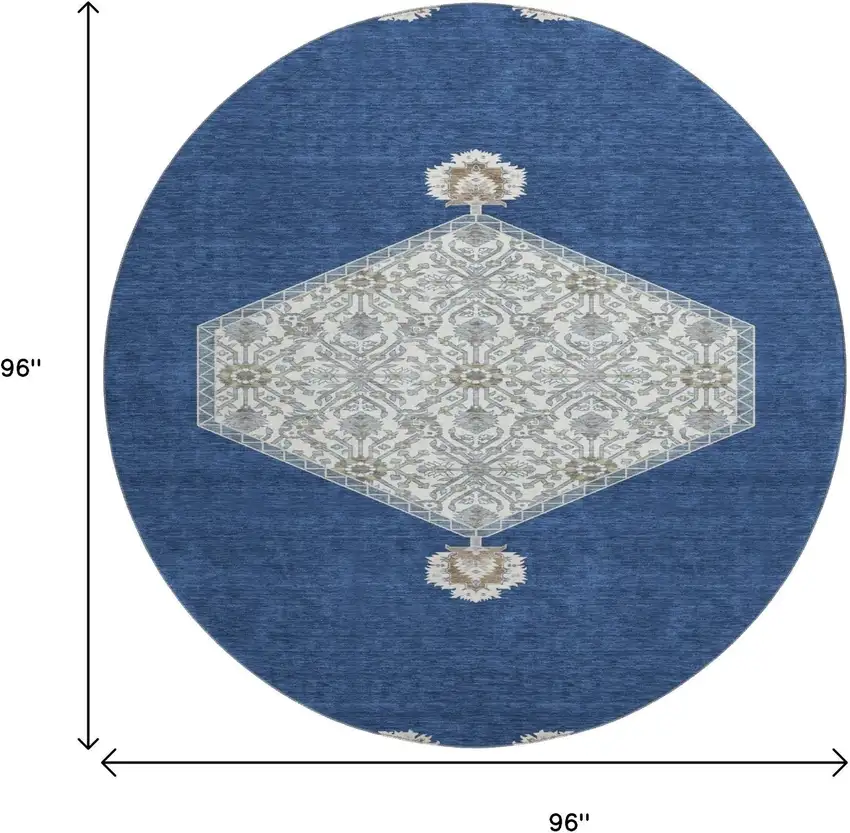 8' Navy Blue Ivory And Gray Oriental Washable Round Rug With UV Protection Photo 9