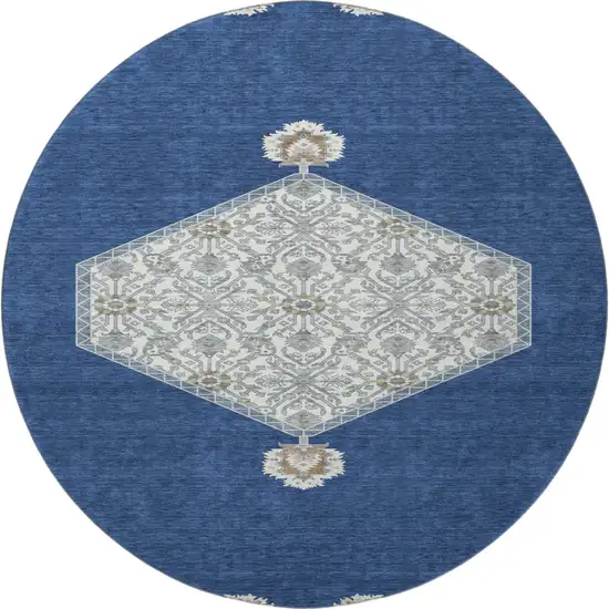 8' Navy Blue Ivory And Gray Oriental Washable Round Rug With UV Protection Photo 3