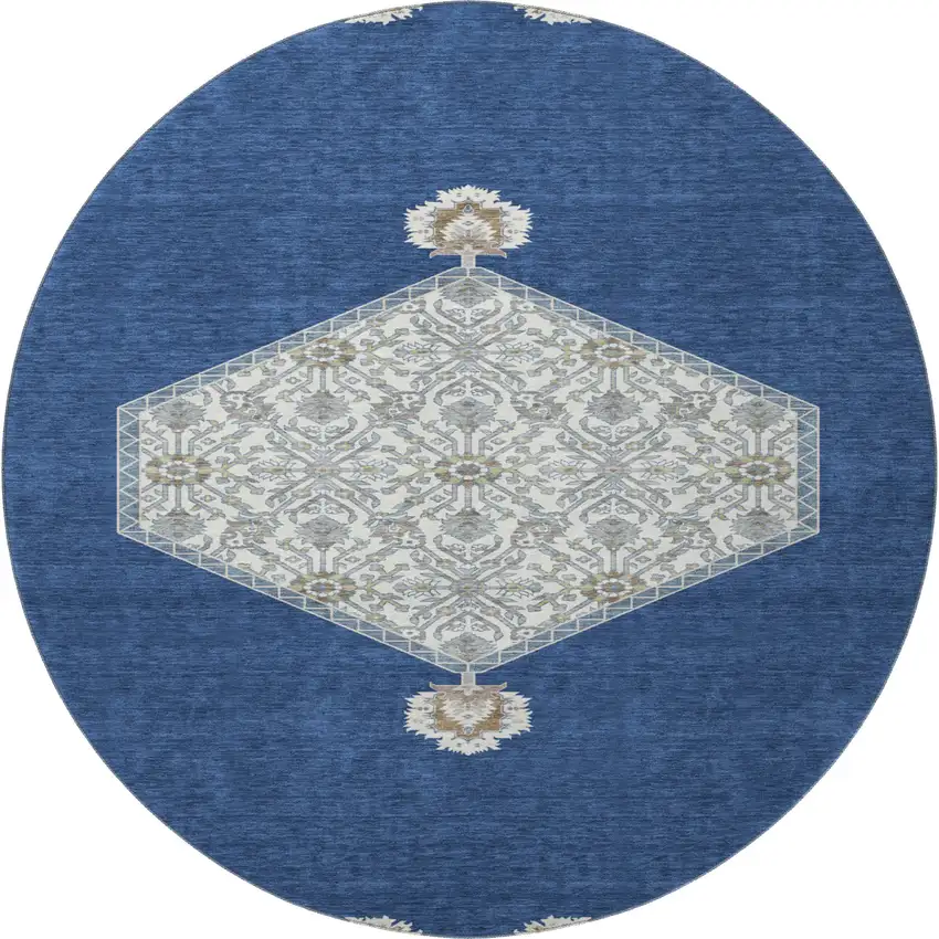 8' Navy Blue Ivory And Gray Oriental Washable Round Rug With UV Protection Photo 3