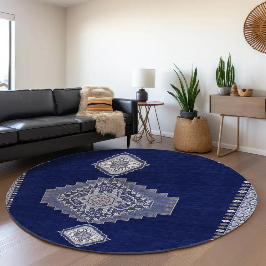 8' Navy Blue Ivory And Gray Oriental Washable Round Rug With UV Protection Photo 4