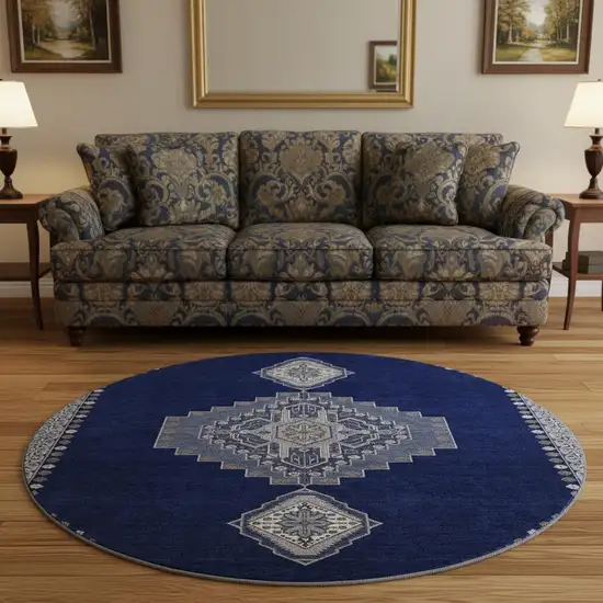 8' Navy Blue Ivory And Gray Oriental Washable Round Rug With UV Protection Photo 2
