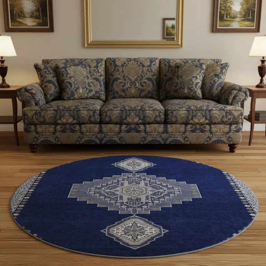 8' Navy Blue Ivory And Gray Oriental Washable Round Rug With UV Protection Photo 2