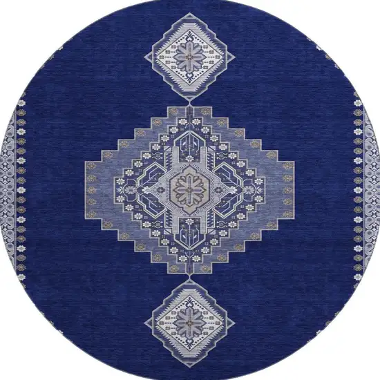8' Navy Blue Ivory And Gray Oriental Washable Round Rug With UV Protection Photo 2