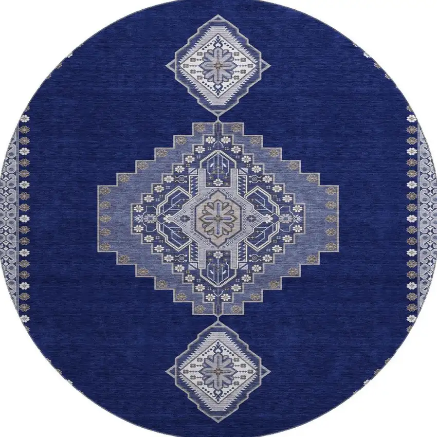 8' Navy Blue Ivory And Gray Oriental Washable Round Rug With UV Protection Photo 2