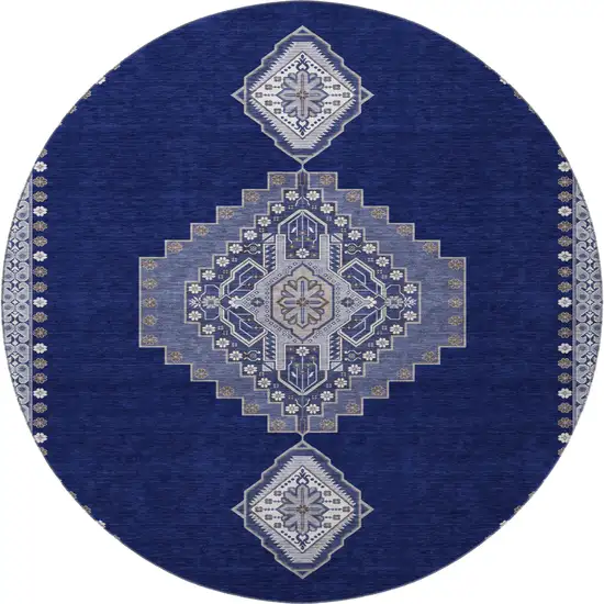 8' Navy Blue Ivory And Gray Oriental Washable Round Rug With UV Protection Photo 3