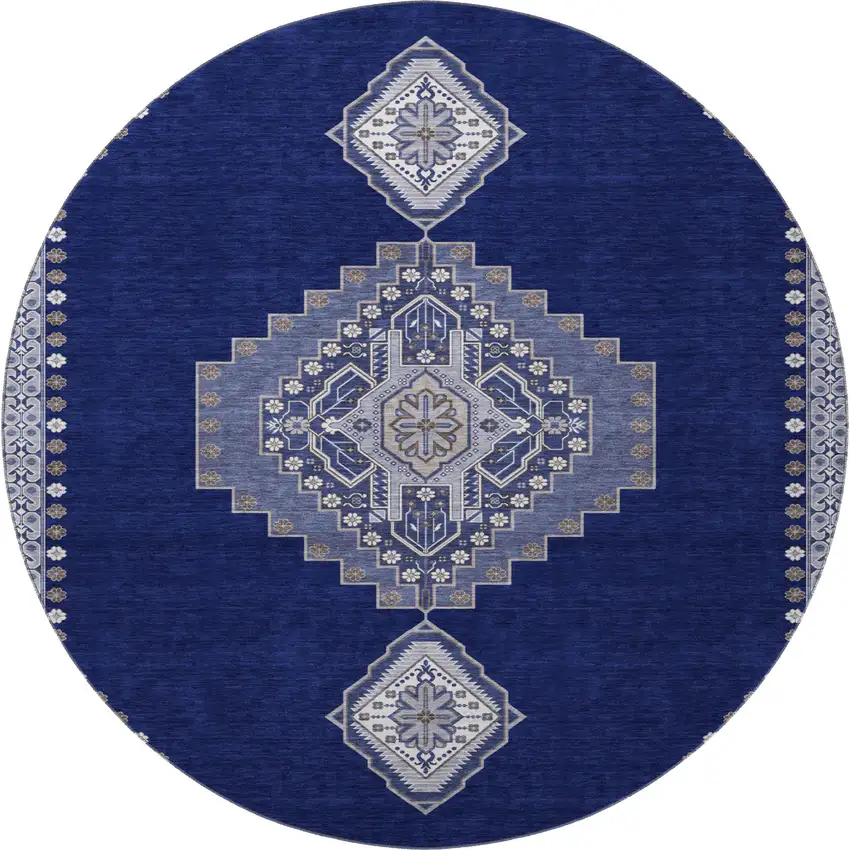 8' Navy Blue Ivory And Gray Oriental Washable Round Rug With UV Protection Photo 3