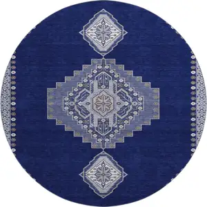 Photo of 8' Navy Blue Ivory And Gray Oriental Washable Round Rug With UV Protection