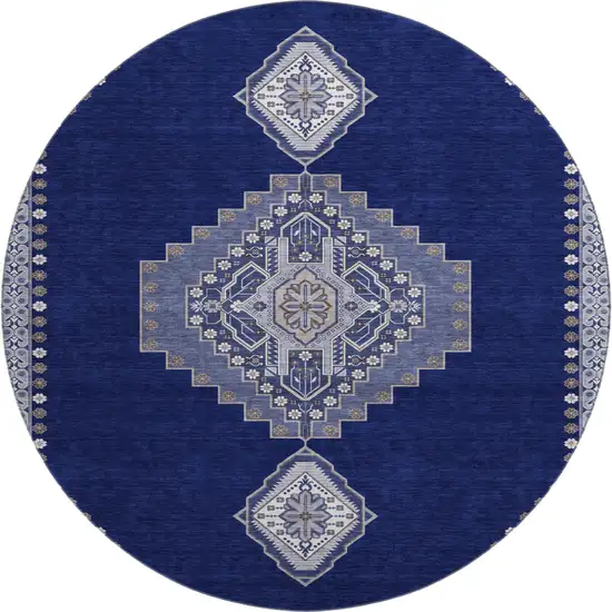 8' Navy Blue Ivory And Gray Oriental Washable Round Rug With UV Protection Photo 1