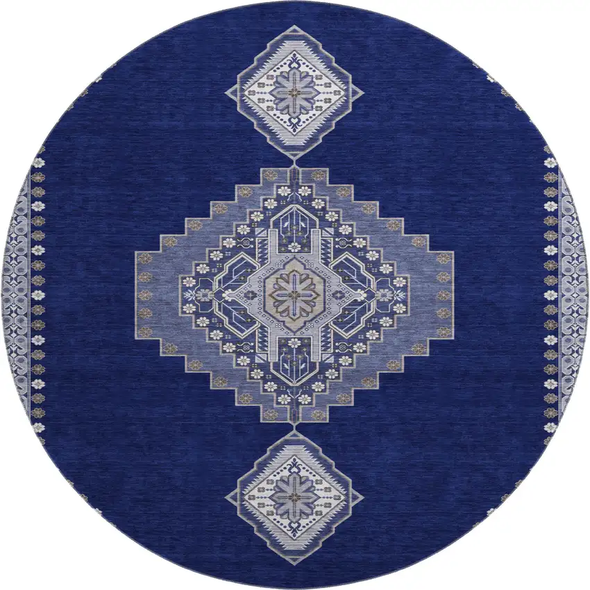 8' Navy Blue Ivory And Gray Oriental Washable Round Rug With UV Protection Photo 1