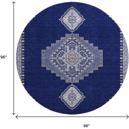 8' Navy Blue Ivory And Gray Oriental Washable Round Rug With UV Protection Photo 9