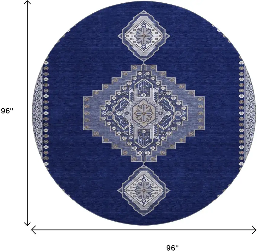 8' Navy Blue Ivory And Gray Oriental Washable Round Rug With UV Protection Photo 9