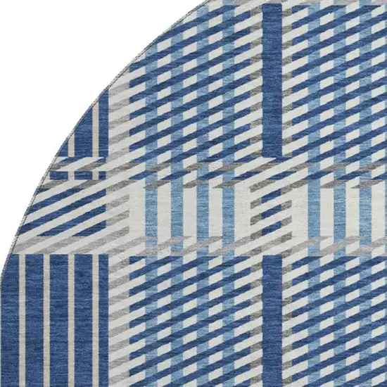 8' Navy Blue Ivory And Gray Plaid Washable Round Rug With UV Protection Photo 2