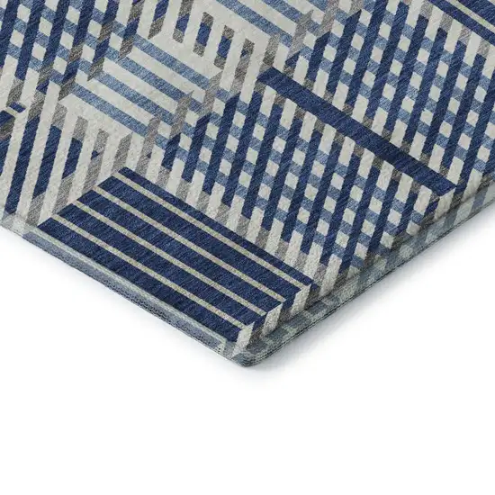 8' Navy Blue Ivory And Gray Plaid Washable Round Rug With UV Protection Photo 6