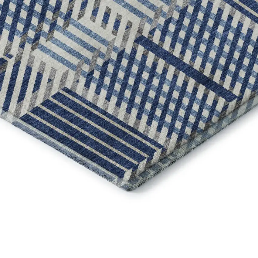 8' Navy Blue Ivory And Gray Plaid Washable Round Rug With UV Protection Photo 6