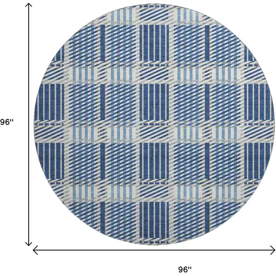 8' Navy Blue Ivory And Gray Plaid Washable Round Rug With UV Protection Photo 9