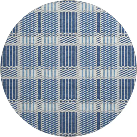 8' Navy Blue Ivory And Gray Plaid Washable Round Rug With UV Protection Photo 1