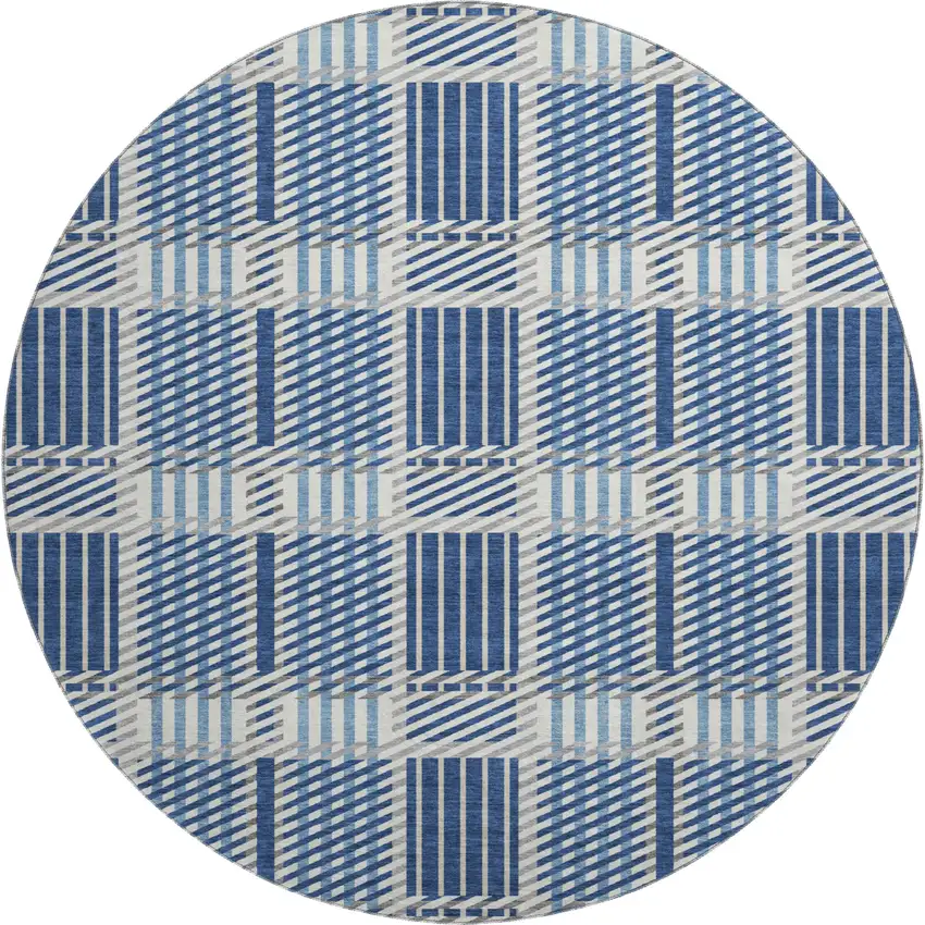 8' Navy Blue Ivory And Gray Plaid Washable Round Rug With UV Protection Photo 1