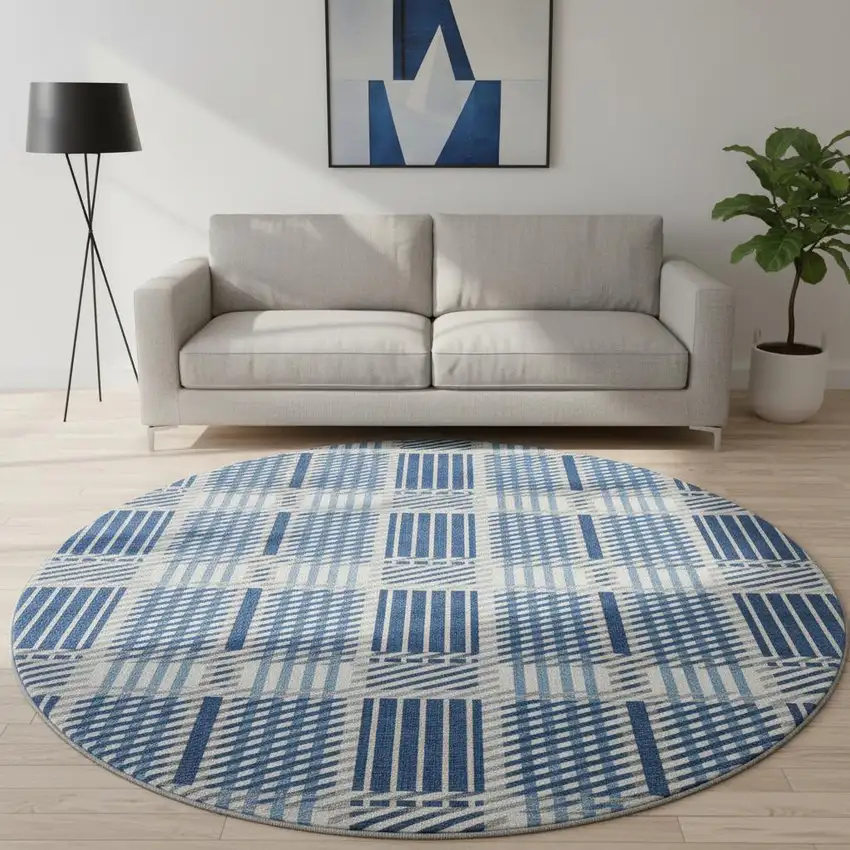 8' Navy Blue Ivory And Gray Plaid Washable Round Rug With UV Protection Photo 2