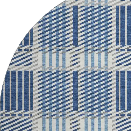 8' Navy Blue Ivory And Gray Plaid Washable Round Rug With UV Protection Photo 3