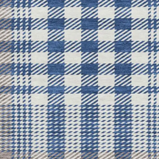 8' Navy Blue Ivory And Gray Plaid Washable Round Rug With UV Protection Photo 3