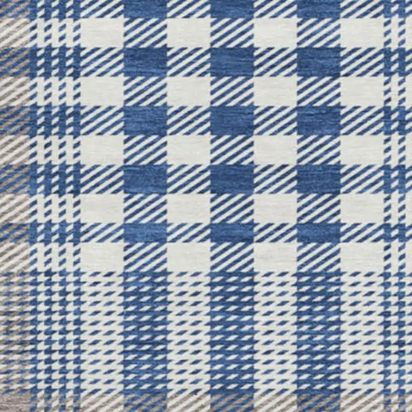 8' Navy Blue Ivory And Gray Plaid Washable Round Rug With UV Protection Photo 3