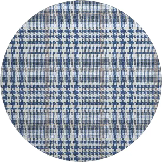 8' Navy Blue Ivory And Gray Plaid Washable Round Rug With UV Protection Photo 1