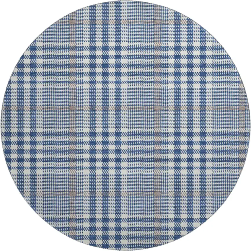 8' Navy Blue Ivory And Gray Plaid Washable Round Rug With UV Protection Photo 1