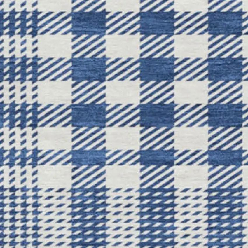 8' Navy Blue Ivory And Gray Plaid Washable Round Rug With UV Protection Photo 2