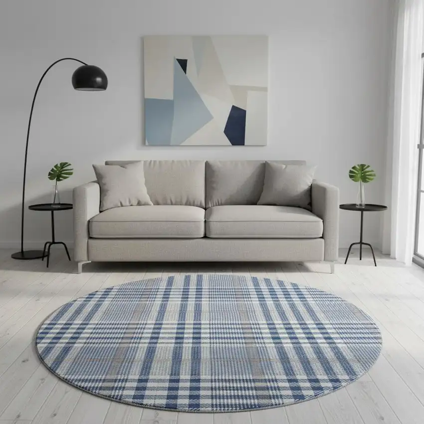 8' Navy Blue Ivory And Gray Plaid Washable Round Rug With UV Protection Photo 2
