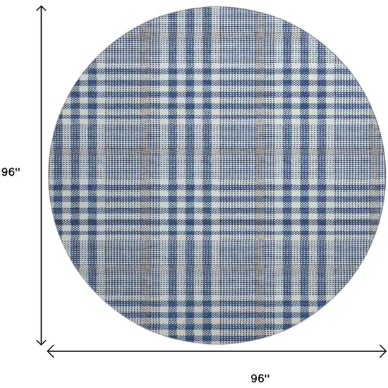 8' Navy Blue Ivory And Gray Plaid Washable Round Rug With UV Protection Photo 9