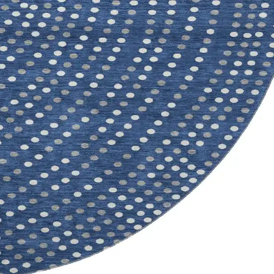 8' Navy Blue Ivory And Gray Polka Dot Washable Round Rug With UV Protection Photo 3