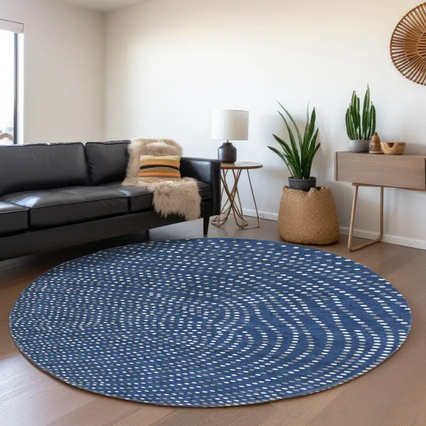 8' Navy Blue Ivory And Gray Polka Dot Washable Round Rug With UV Protection Photo 4