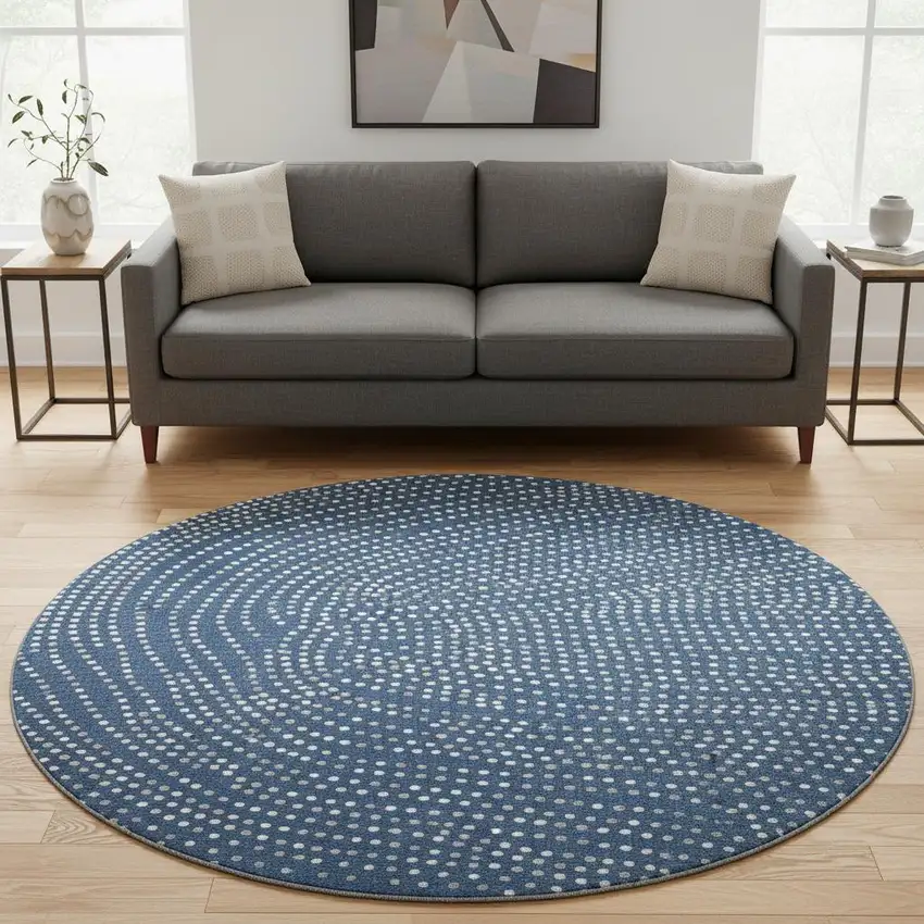 8' Navy Blue Ivory And Gray Polka Dot Washable Round Rug With UV Protection Photo 2