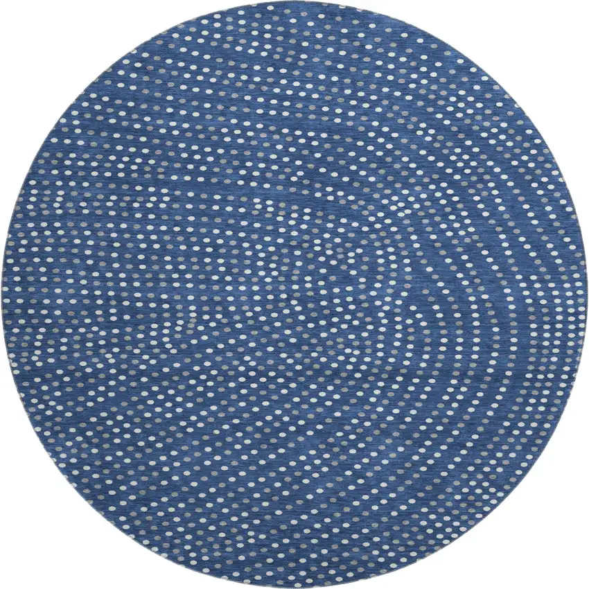 8' Navy Blue Ivory And Gray Polka Dot Washable Round Rug With UV Protection Photo 1